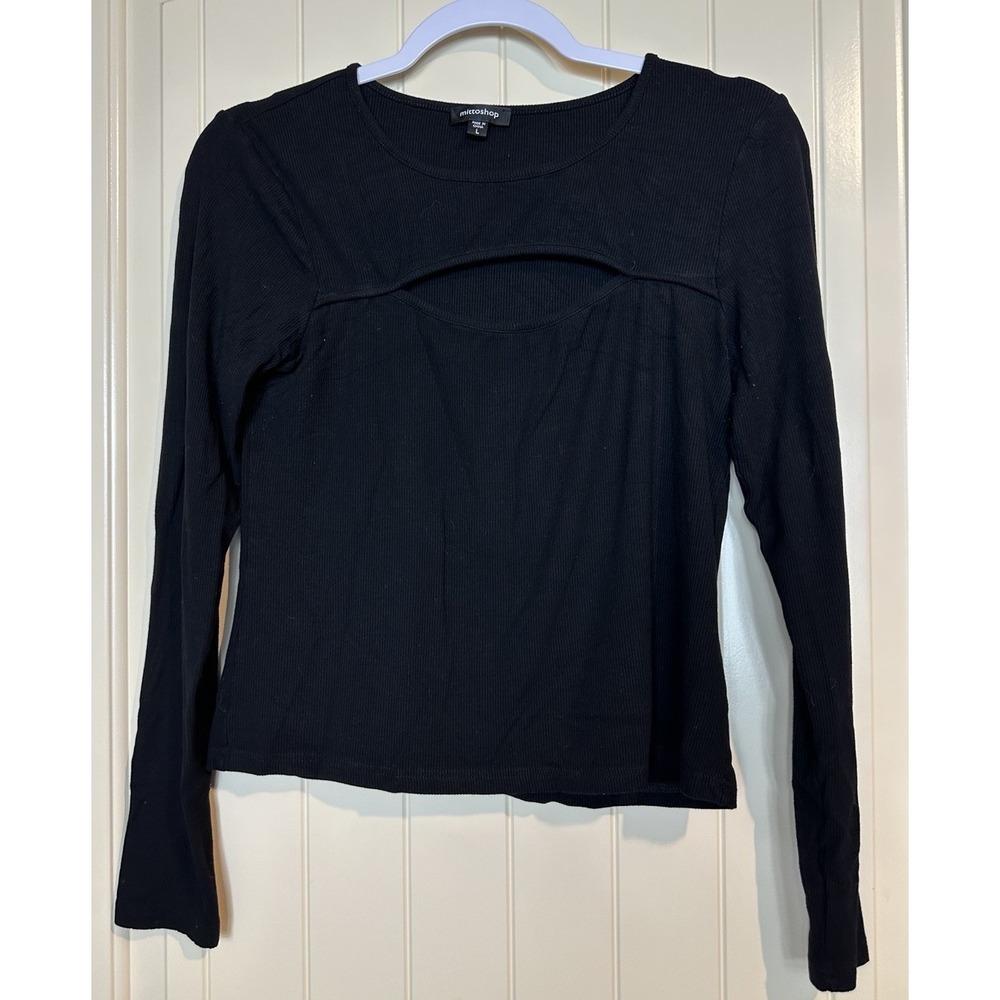 Mittoshop black long sleeve‎ Knit Cutout Rayon Stretch Fitted Shirt Sz L